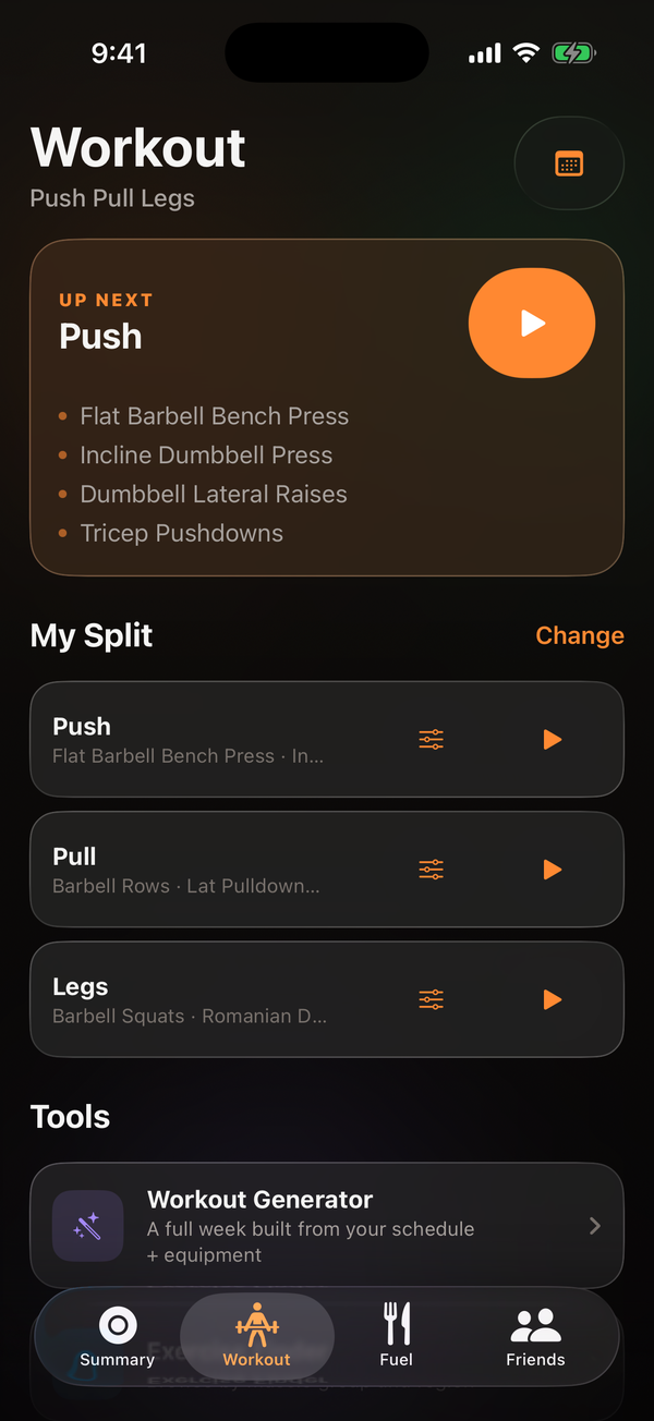 OPT(ML) Workout screen: an Up Next card for a Push day plus a Push/Pull/Legs split with one-tap start.