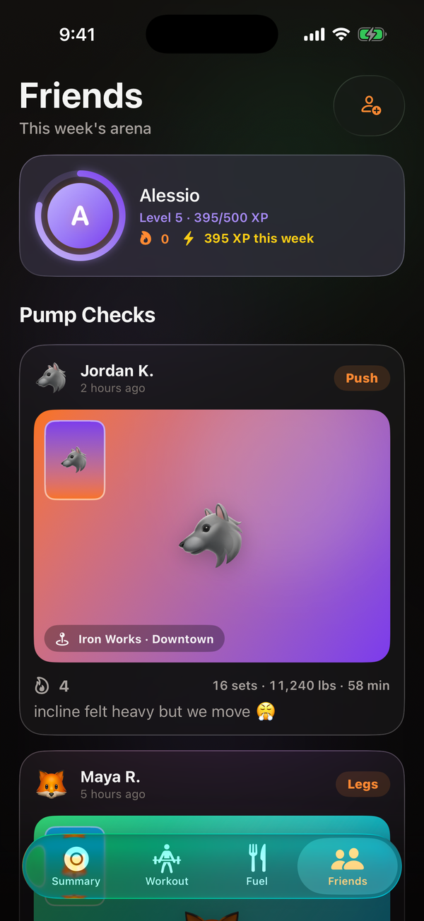 OPT(ML) Friends screen: a BeReal-style Pump Check feed with training day, stats and reactions.